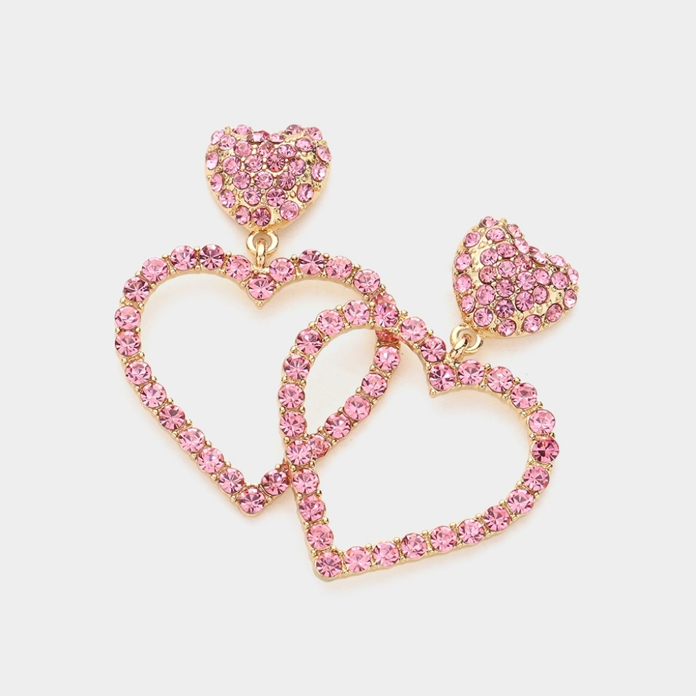 Pink Heart Hoop Dangle Earrings Double Rhinestone Crystal Statement Jewelry